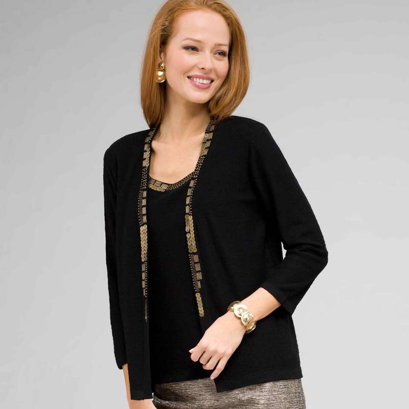 3/4 Sleeve beaded cardigan, Black, large image number 0