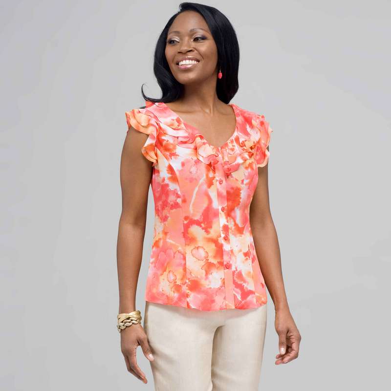 Ruffle Neckline Button Down Blouse, New Coral Multi, large image number 0