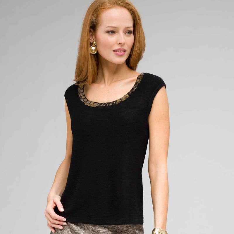 Sleeveless Beaded Shell, Black, large image number 0